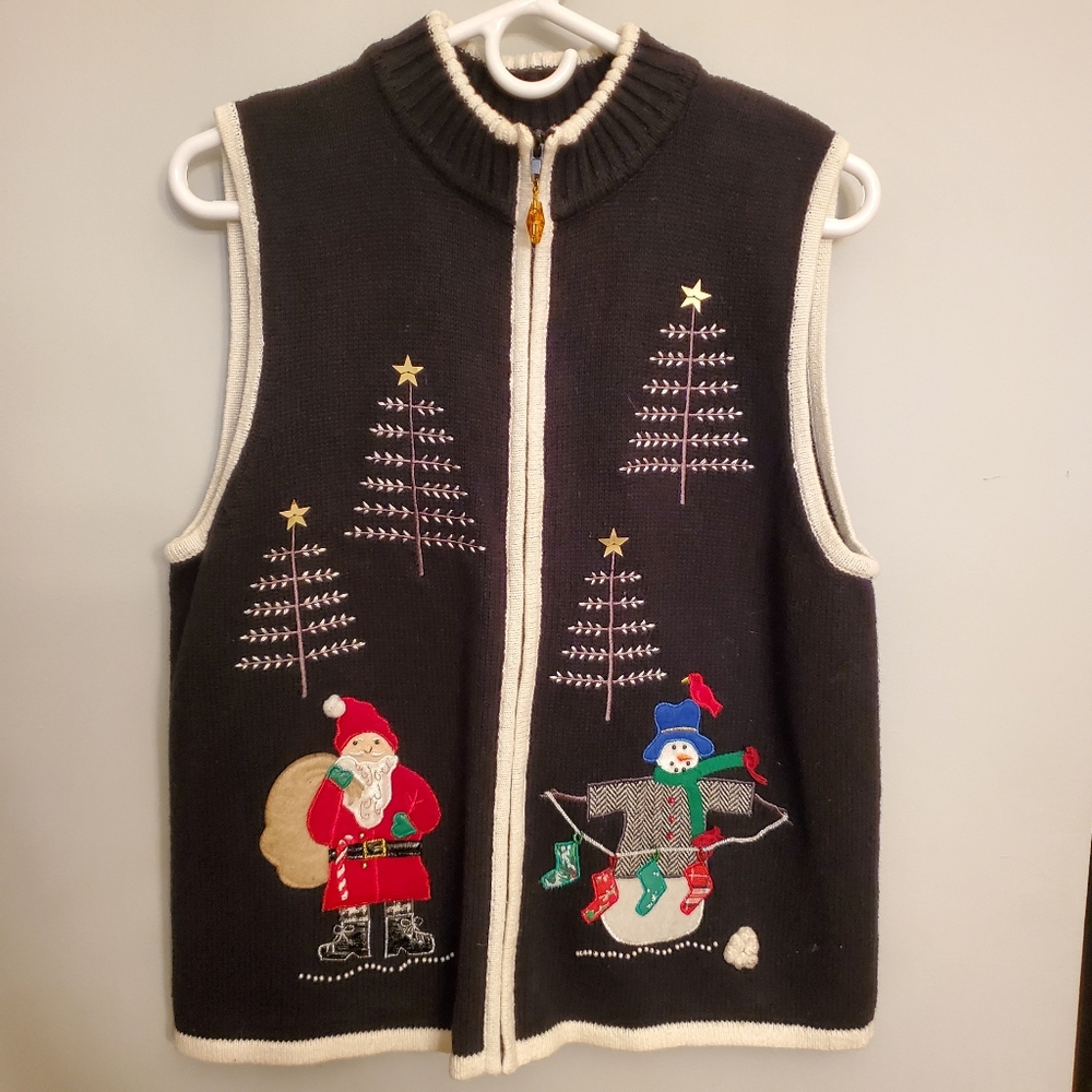 Adorable ugly Christmas sweater vest Santa snowman tree party time sz Large
